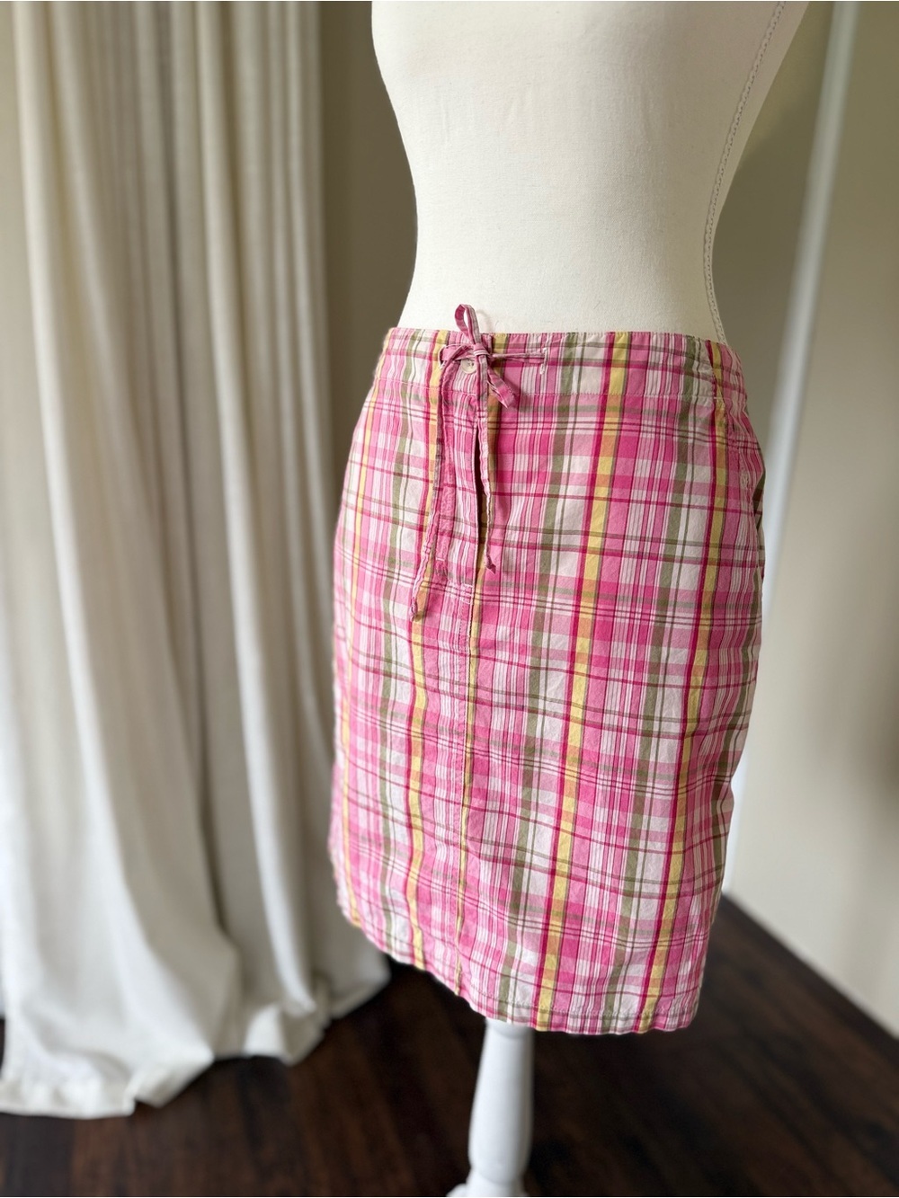 Vintage The Limited Y2K Pink & Green Plaid Tie-Waist Cotton Skirt Stripes Size 4 - Picture 3 of 7